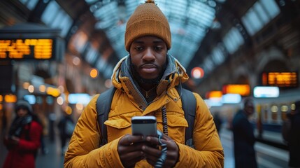 Wall Mural - A man wearing a yellow jacket and a brown hat is looking at his cell phone