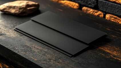 Wall Mural - Black Envelope Mockup on Rustic Wooden Surface