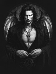 Wall Mural - black and white illustration of a handsome winged man - fantasy generative ai