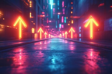 Neon Cityscape with Arrows Leading Upwards