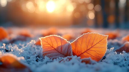 A serene morning scene of frosty leaves on the ground, with the soft, golden light of the sunrise illuminating the frost and the vibrant autumn colors.