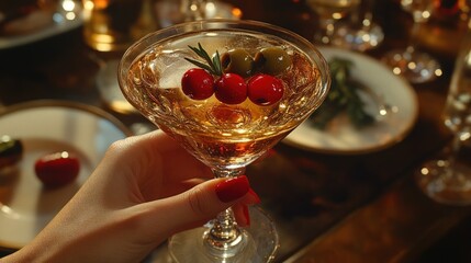 A woman's hand holding a martini glass with olives and cranberries, set against a background of a beautifully set dinner table.