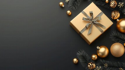 Elegant gold gift box with decorations, surrounded by festive ornaments and pine branches, perfect for holiday celebrations.