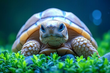 Poster - Close-up of a Tortoise in a Lush Green Environment