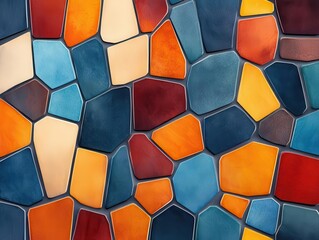 Colorful mosaic pattern with vibrant shapes creating an artistic and modern design suitable for backgrounds or decorations.