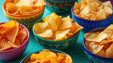 A variety of flavored potato chips in different shapes and textures, displayed in colorful bowls.