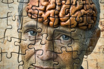 Poster - Divergent thinking Intellect An elderly man’s face with a brain puzzle symbolizing the complexity of memory aging and the challenges of cognitive decline