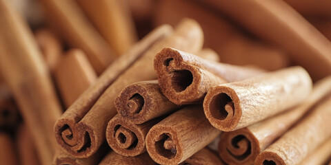 Cinnamon background. Close-up of a group of cinnamons sticks, appetizing texture