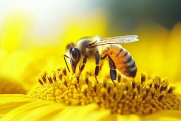 Wall Mural - Honeybee Gathering Pollen on a Sunflower