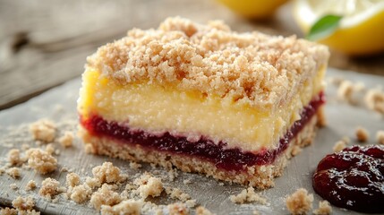 food photography of a piece lemon bar with crust, creamy yellow filling and red jam sauce on the side. The whole is placed in an rectangular serving dish with crumbles around it