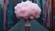 ©  Jovaduplex - This image shows a person holding an enormous pink cotton candy cloud in a graffitied alley, representing joy, whimsy, and a contrast between sweetness and urban grit.