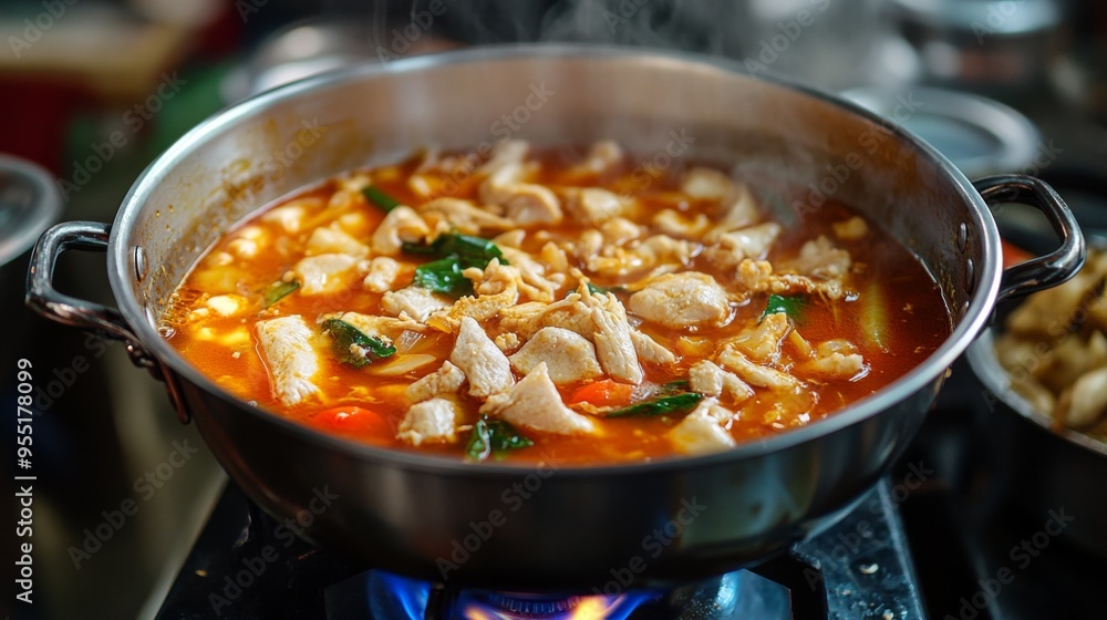 A pot of tom yum soup bubbling away on a portable gas stove with the