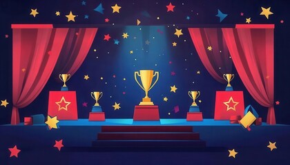 award event, beautifully set stage with trophies, festive atmosphere, flat design