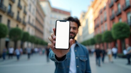 Man showing big blank smartphone to camera, standing in city central square, showing place for mobile offer, mockup