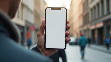 Man showing big blank smartphone to camera, standing in city central square, showing place for mobile offer, mockup