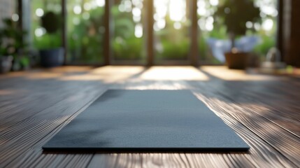 Empty yoga mat on wooden floor in a bright room. Wellness and mindfulness concept.