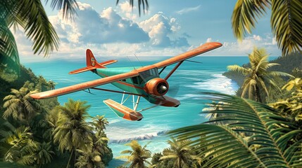 Vintage airplane flying over tropical island with palm trees and ocean view.