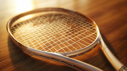 Vintage wooden tennis racket on a wooden floor.