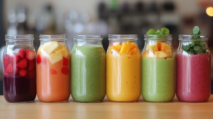 A row of glass jars filled with colorful smoothies, layered with vibrant fruits and vegetables, creating a visual feast for health-conscious consumers.