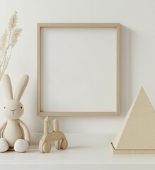 Wall Mural - Wooden Toys and Decor on a Shelf with a Blank Frame