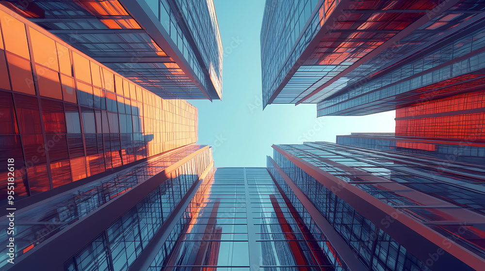 Bottom up view of reflective skyscraper buildings. business office center in the big city, high rise building covered in glass window. generative ai. Skyscraper. Illustration