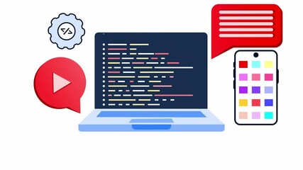 concept of software application development. mobile app interface design, coding and programming for webpage backend. 2d animation on white background.