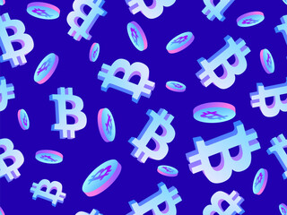 Wall Mural - 3d coins and Bitcoin symbol seamless pattern. Cryptocurrency coin in isometric style. Crypto trading. Colorful gradient. Design for wallpaper, banners, covers or posters. Vector illustration