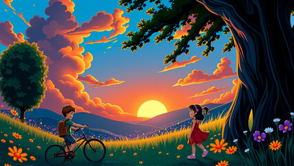 Picturesque wallpaper, sunset and sunrise in the field, beautiful views, children, meadow,