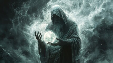 mystical sorcerer conjuring energy sphere.