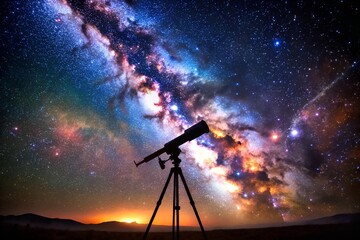Poster - silhouette of a telescope against a vibrant night sky, with the milky way galaxy and stars visible i