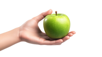 Wall Mural - Hand holding green apple isolated on transparent background