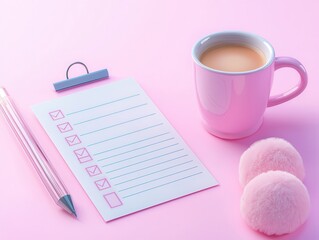 Wall Mural - Pink Aesthetic Desk with Checklist and Coffee.