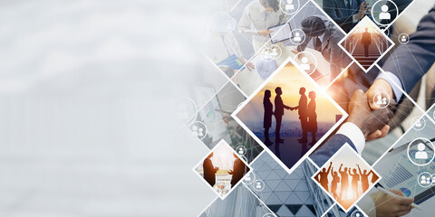 Aufkleber - Collage of various business scenes. Management strategy. Marketing and research. Human resources. Wide angle visual for banners or advertisements.