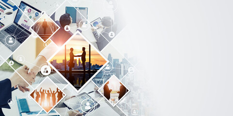 Aufkleber - Collage of various business scenes. Management strategy. Marketing and research. Human resources. Wide angle visual for banners or advertisements.