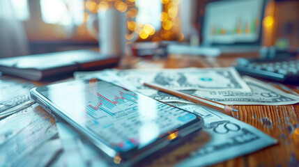 Smartphone with stock graph on table with money