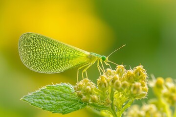 Canvas Print - Green Lacewing Insect Perched on a Leaf with Flower Buds