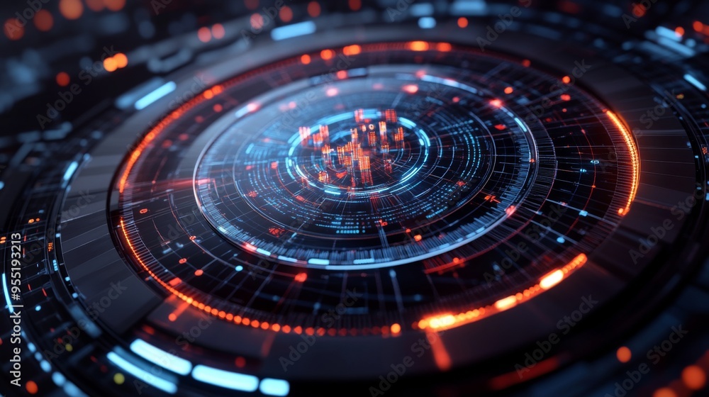 A sleek 3D radar chart with multiple axes and data points, visually demonstrating performance metrics and comparisons in a dimensional format