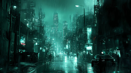 Wall Mural - Cyberpunk streets illustration, futuristic city, dystoptic artwork at night, wallpaper. rain foggy, moody empty future. evil buildings. Futuristic City. Illustration