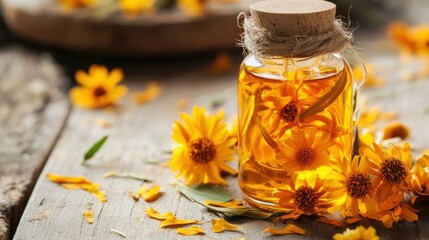 Wall Mural - Golden Herbal Infusion in a Glass Bottle