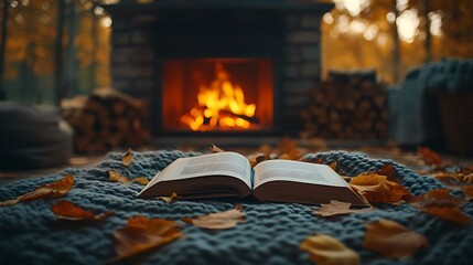 A serene autumn night with an open book lying on a plush cushion in front of a glowing fireplace, autumn leaves scattered around, warm and tranquil ambiance, rich details, soft lighting. --ar 16:9