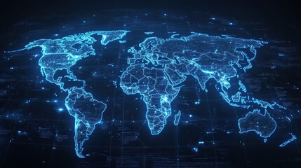 Wall Mural - Digital world map with bright blue neon lights highlighting continents and countries, representing advanced technology and global connectivity.