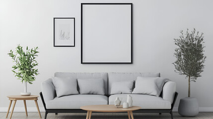 Wall Mural - Modern Living Room with Grey Sofa and Empty Frames for Your Design