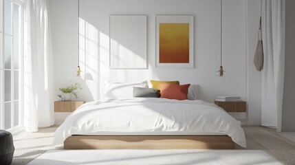 A stylish minimalist bedroom with a platform bed, crisp white linens, and pops of color from accent pillows and artwork, adding visual interest.