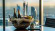 © Lu-sound - Large Gift Basket with Luxury Items Including Chocolates and Wine on Executive Office Desk with Panoramic City View Through Window