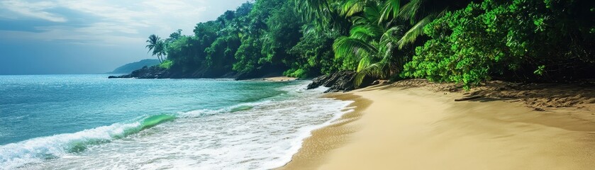 Wall Mural - A serene tropical beach with clear blue waters, golden sand, and lush green foliage. Perfect for relaxation, travel, and nature lovers.