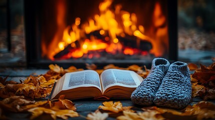 Canvas Print - An intimate autumn moment featuring an open book placed near a glowing fireplace, a pair of soft slippers beside it, warm light, rich textures, serene and cozy atmosphere,