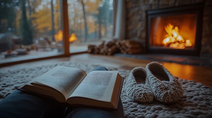 Canvas Print - An intimate autumn moment featuring an open book placed near a glowing fireplace, a pair of soft slippers beside it, warm light, rich textures, serene and cozy atmosphere,