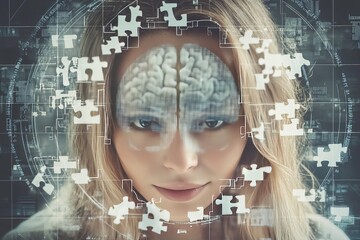 Poster - Collaborative brain activity smart Womans head surrounded by glowing neural connections representing the vibrant energy of thoughts knowledge and intellectual creativity