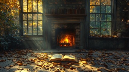 Canvas Print - An intimate autumn scene with an open book illuminated by the warm light of a nearby fireplace, shadows subtly dancing on the walls, rich textures, cozy and tranquil ambiance, soft glow,