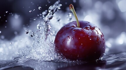 Close up of Ripe Red Cherry with Splashing Water Droplets